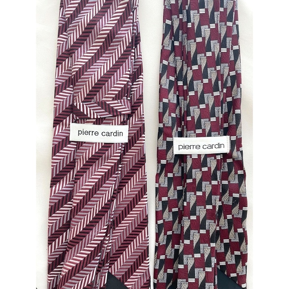 Pierre Cardin Mens Silk Tie Burgundy Geometric Striped Designer Neckties (2pc) - Picture 2 of 7